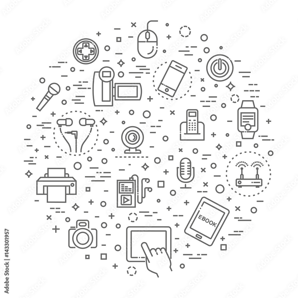 Set of smart devices and gadgets, computer equipment and electronics Set of smart devices and gadgets, computer equipment and electronics