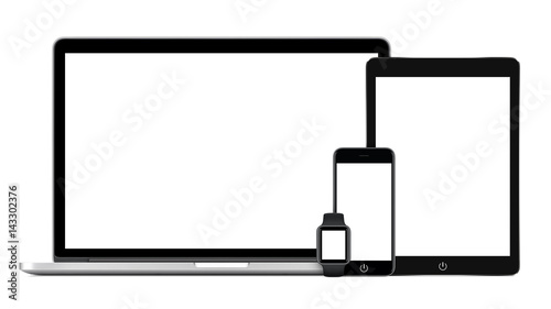 Laptop with black tablet pc smartphone and smartwatch responsive mockup front view