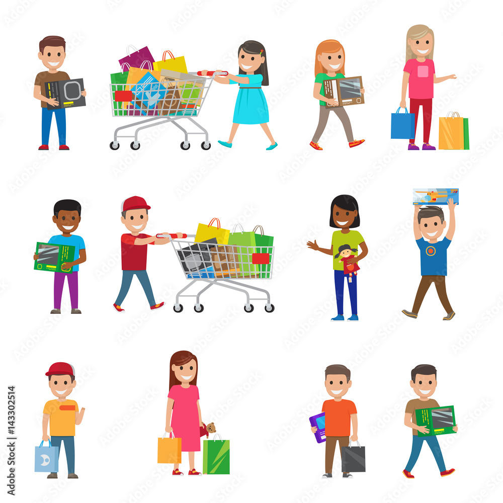 Smiling Children Doing Shopping Poster on White Smiling Children Doing Shopping Poster on White