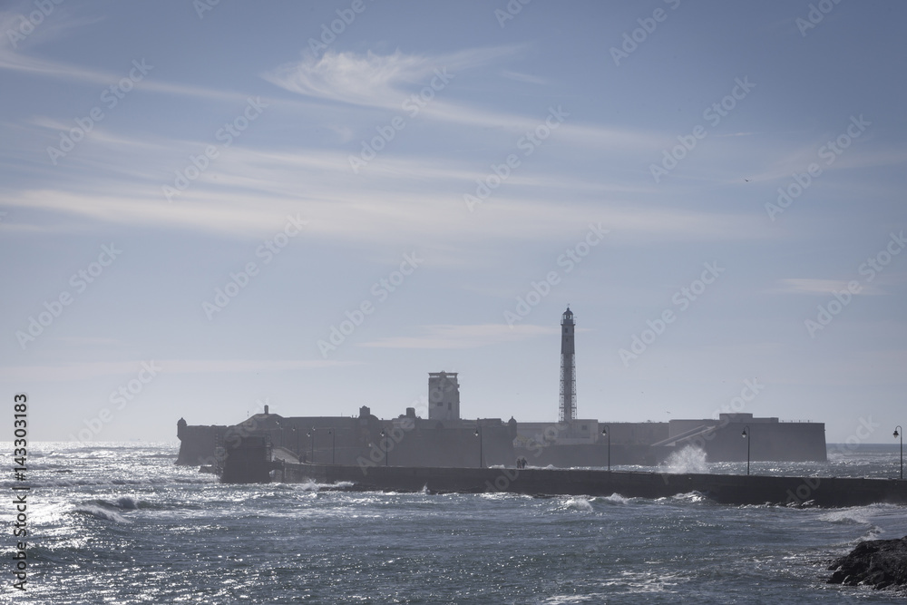 Castle of San Sebastian, fortress on a smail island separated from the main city, according classical tradition, there was a Temple of Kronos, cultural landmark of the city, Cadiz, Spain