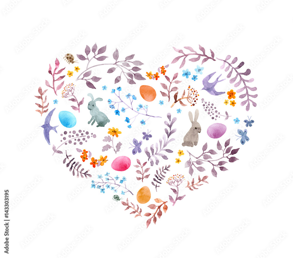 Cute easter heart with rabbits, eggs, vintage flowers, birds. Watercolor