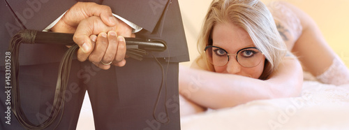 Master holding leather whip while his slave waits for him in bed