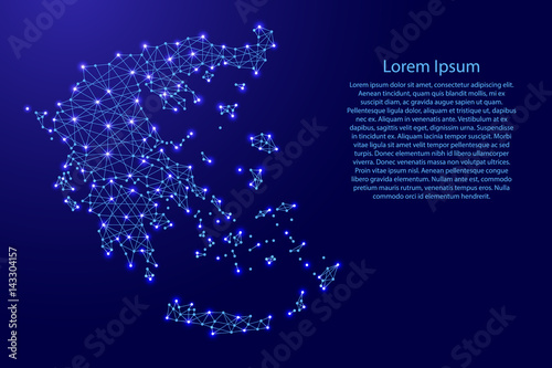 Map of Greece from polygonal blue lines and glowing stars vector illustration
