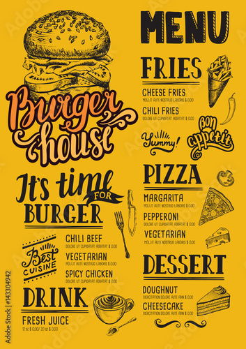 Burger menu restaurant, food template.