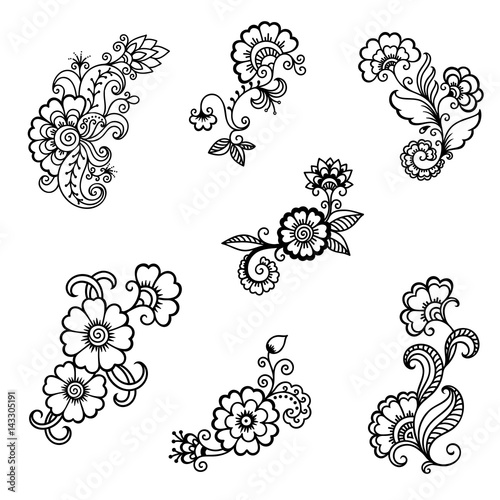 Henna tattoo flower template. Mehndi style. Set of ornamental patterns in the oriental style. photo