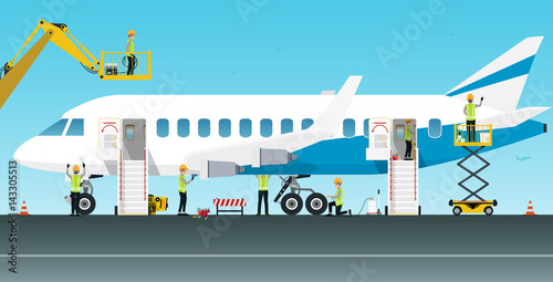 Aviation engineer workers are maintaining various aircraft systems.