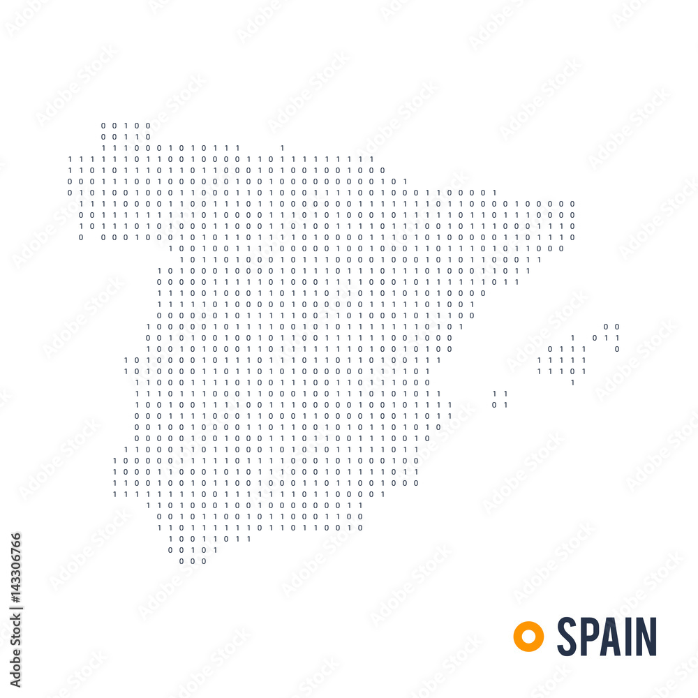 Binary code vector stylized map of Spain isolated on white background