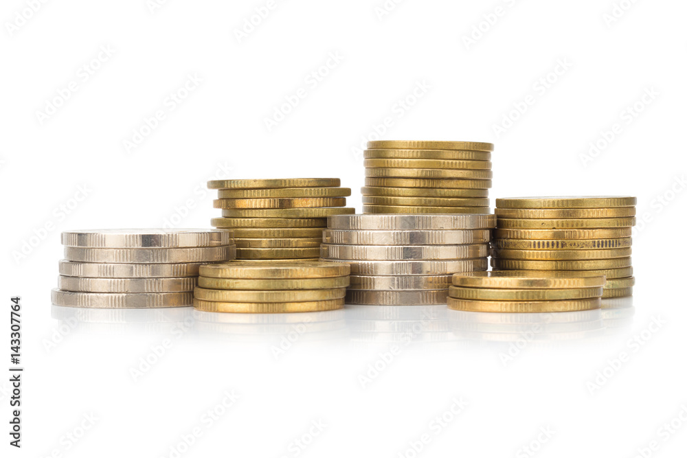 silver and glod coin stack. town. pile. isolated on white background silver and glod coin stack. town. pile. isolated on white background