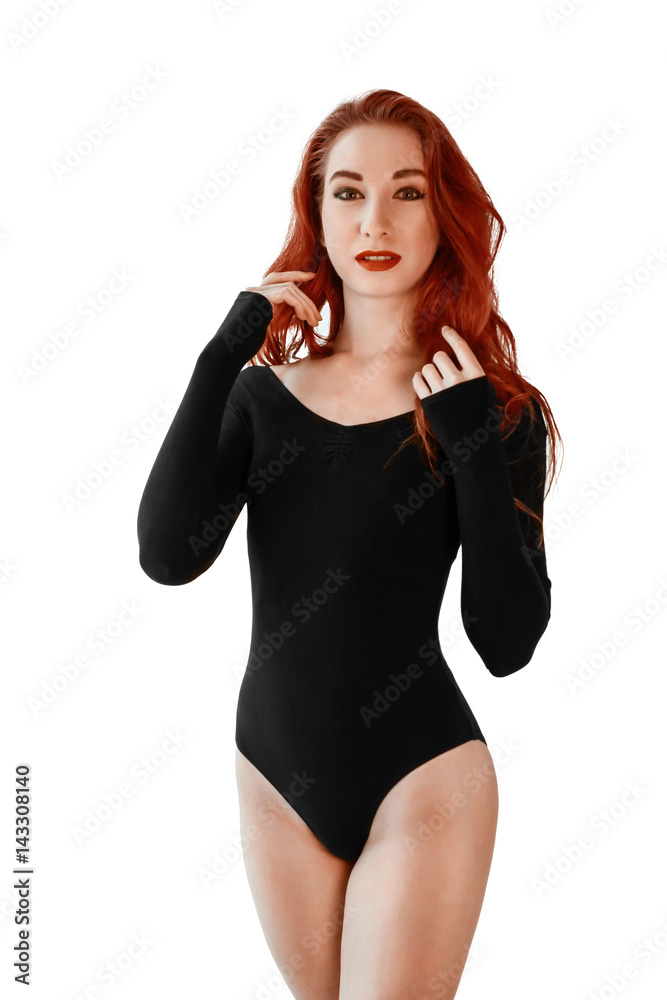 redhead woman in black bodysuit lingerie posing isolated on white  background. Beautiful, seductive redhead woman posing in hosiery and heels  over white background. Stock Photo