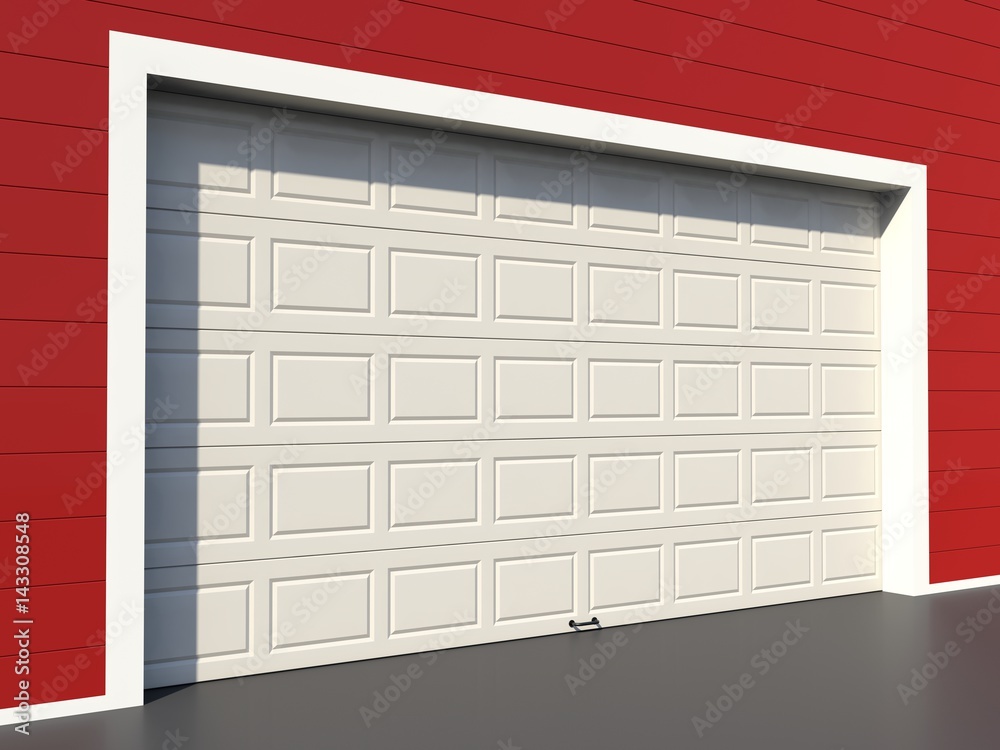 Fototapeta premium Modern white garage door on red wall