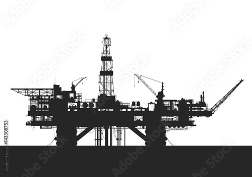 Sea oil rig. Oil drilling platform silhouette. Detail vector illustration.