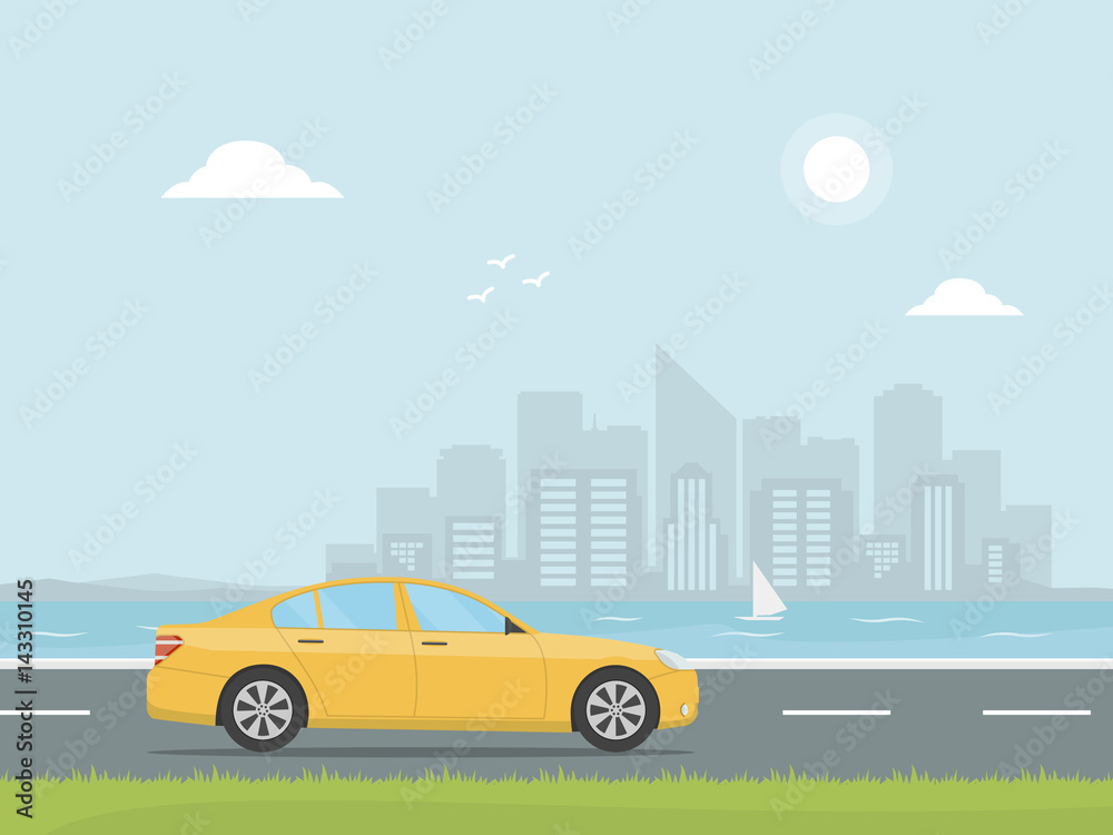 Yellow car rides on a highway on the background of skyscrapers. Banner concept design road trip. Travel by car.