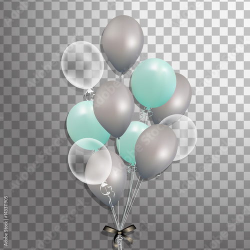 Set of turquoise, silver, white transparent helium balloon isolated in the air . Frosted party balloons for event design. Party decorations for birthday, anniversary, celebration.