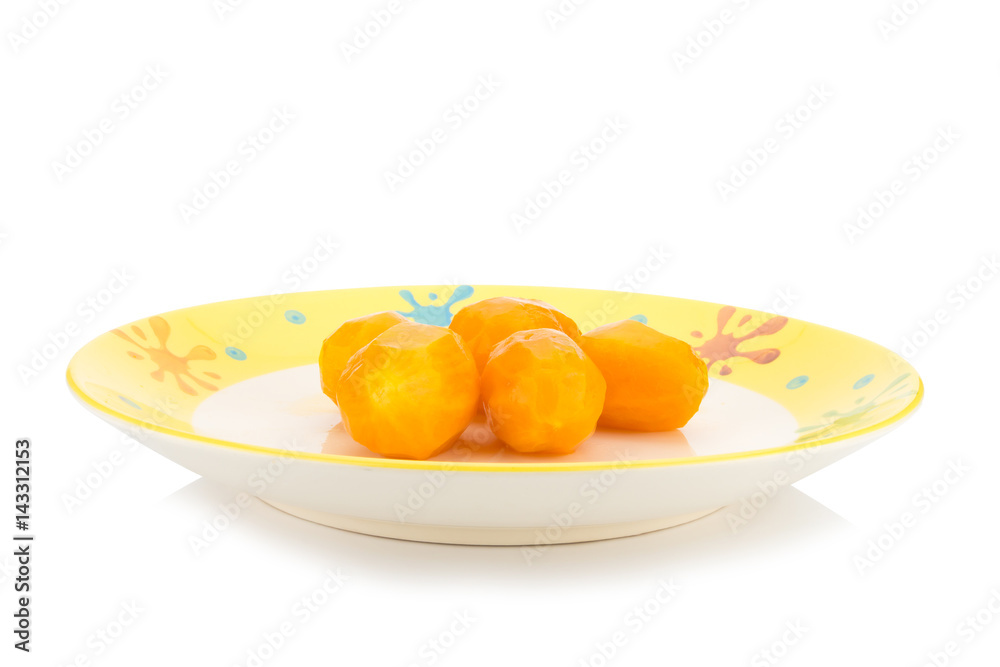 Marian plum in bowl isolated on white background. Mayongchid. Maprang. Marian Plum. Plum Mango