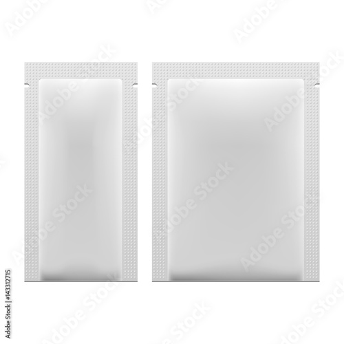 White Blank Retort Foil Packaging Medicine Drugs Or Coffee, Salt, Sugar, Pepper, Spices, Sachet, Sweets, Candy Or Condom. Isolated Mock Up Template Ready For Your Design. Product Packing Vector EPS10