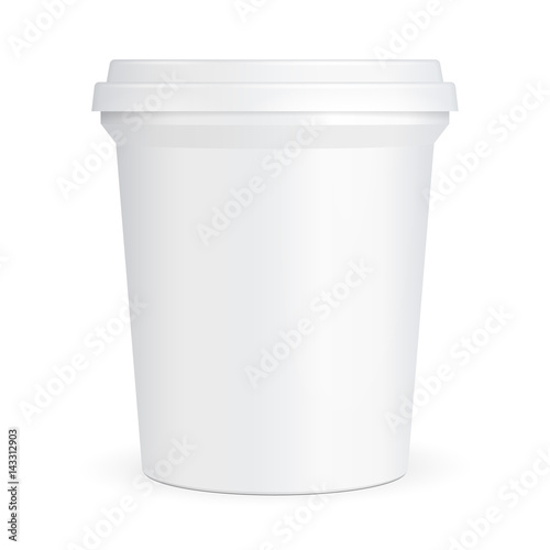 White Food Plastic Tub Bucket Container For Dessert, Yogurt, Ice Cream, Sour Cream Or Snack. Illustration Isolated On White Background. Mock Up Template Ready For Your Design. Product Packing 