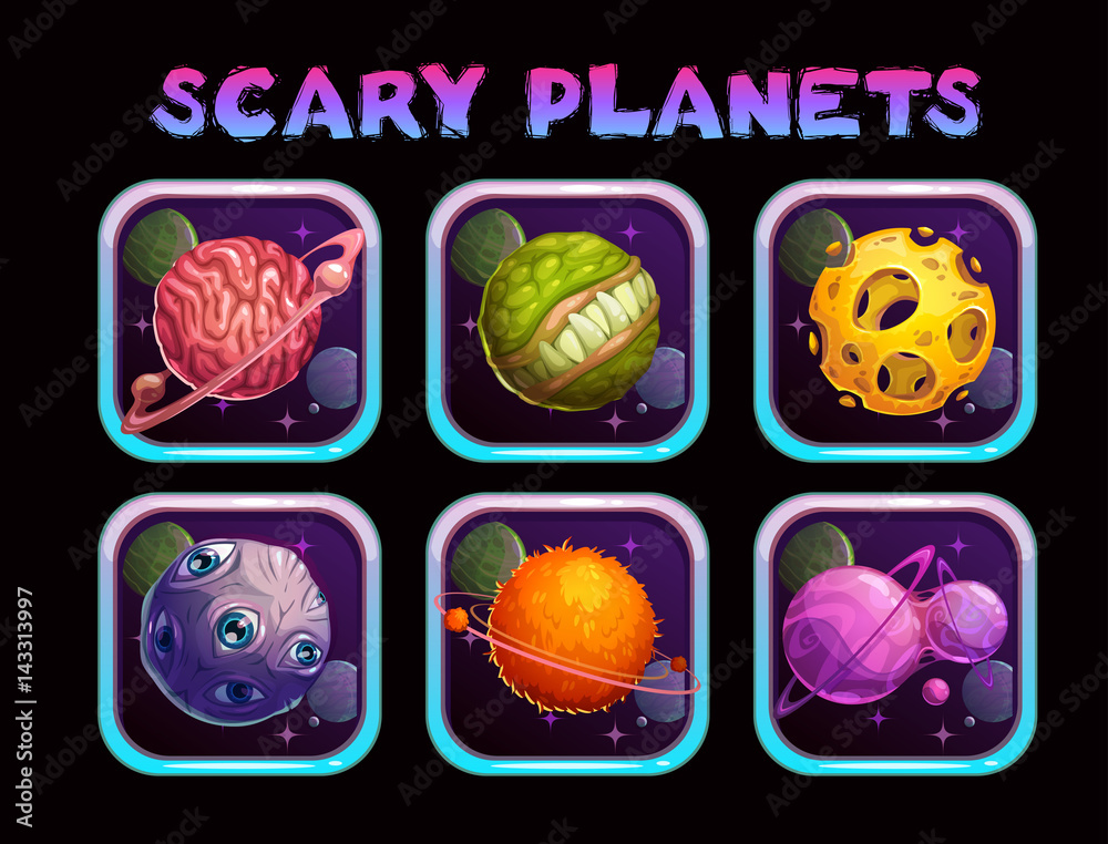 Cartoon scary planet app icons set.