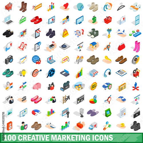 100 creative marketing icons set, isometric style