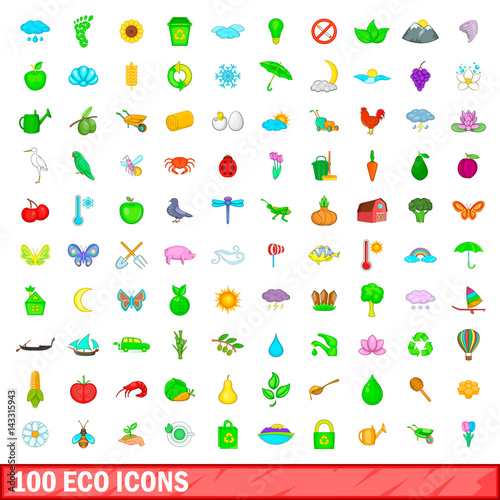 100 eco icons set  cartoon style