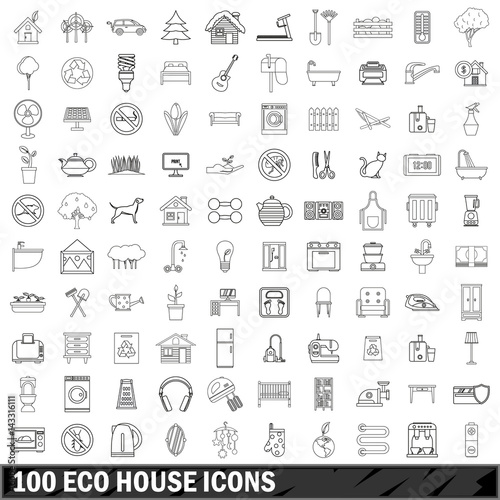 100 eco house icons set, outline style