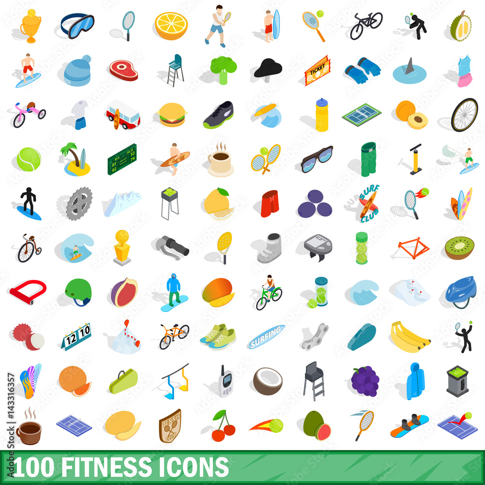 100 fitness icons set, isometric 3d style