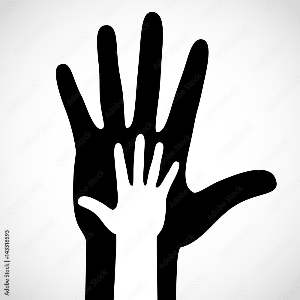 Black color big hand and white small hand concept. Help symbol hands support emblem. Hands icon illustration. Education, health care, medical, design element. Black color big hand and white small hand concept. Help symbol hands support emblem. Hands icon illustration. Education, health care, medical, design element.