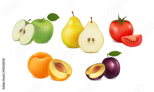 set of fresh fruit and vegetables on white background