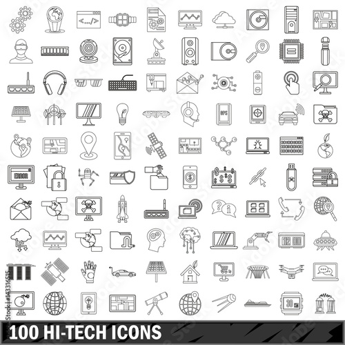100 hi-tech icons set, outline style
