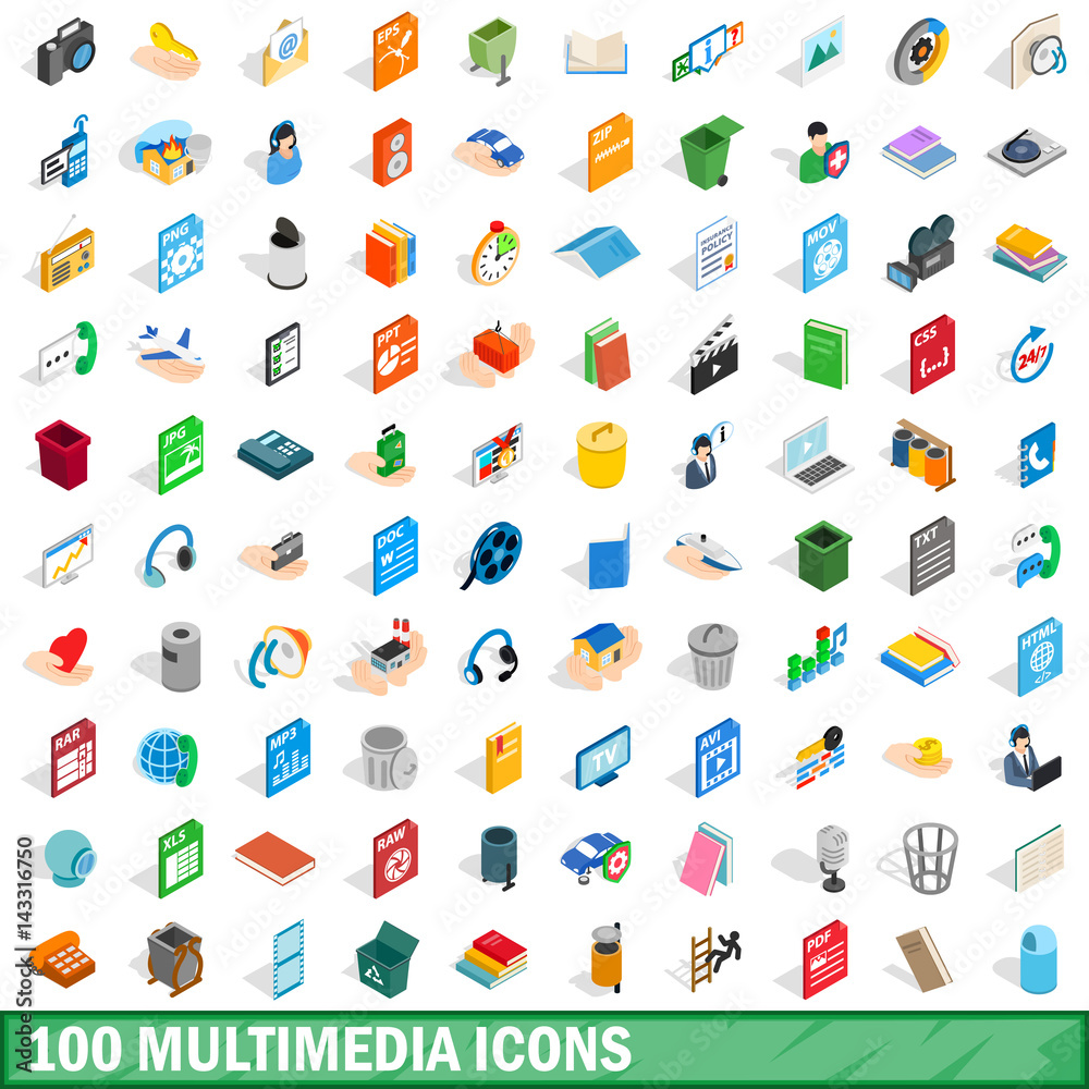 Fototapeta premium 100 multimedia icons set, isometric 3d style