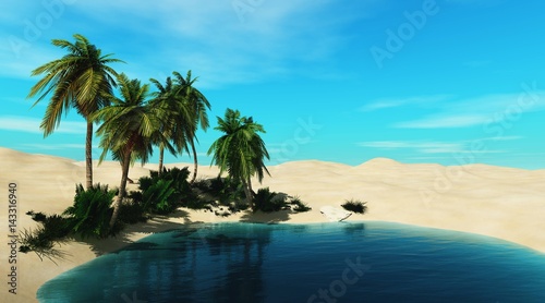 Beautiful oasis in the sandy desert, beautiful desert landscape, palm trees in the desert, 3d rendering 