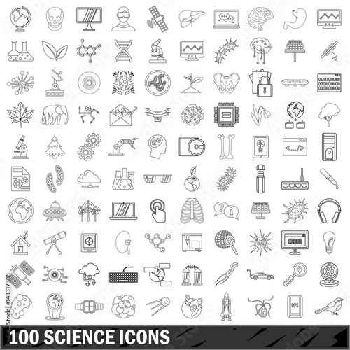 100 science icons set  outline style