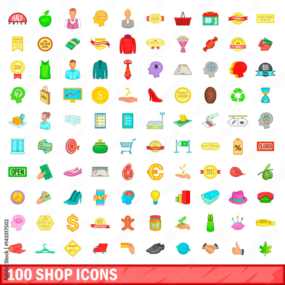 100 shop icons set, cartoon style 100 shop icons set, cartoon style