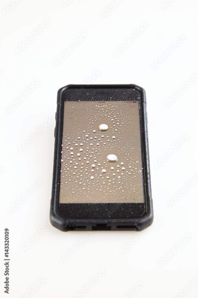 Black smartphone with waterdrops, as white background. Black smartphone with waterdrops, as white background.