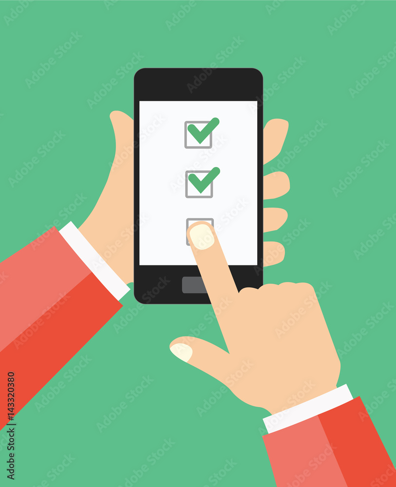 Hand hold smartphone, finger touch screen. Checkboxes and checkmark ...