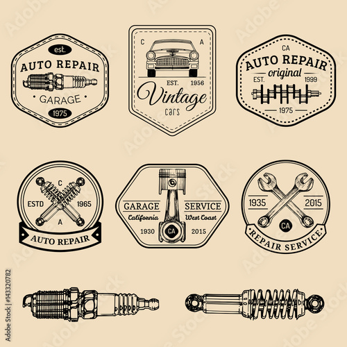 Garage logos set. Car repair emblems collection. Vector vintage sketched auto service signs for advertising posters etc.
