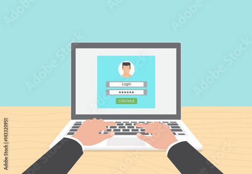 Log in account on the laptop. Hands on the laptop. Vector Illustration.