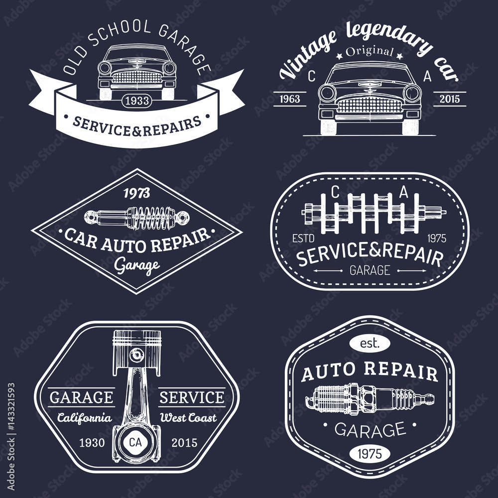 Fototapeta premium Garage logos set. Car repair emblems collection. Vector vintage sketched auto service signs for advertising posters etc.