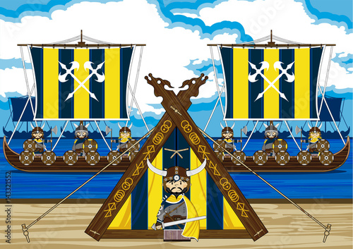 Cartoon Fierce Vikings and Viking Longboats