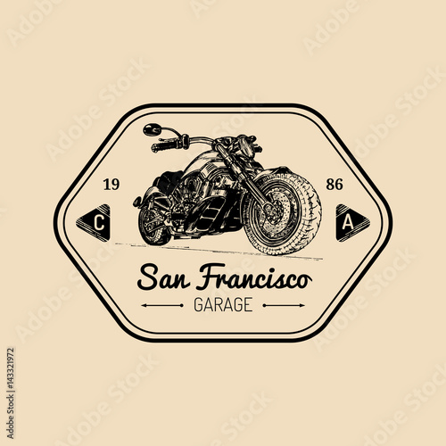 Vector motorcycle advertising poster. Sketched illustration for MC badge.Bike logo for custom company,chopper store etc.