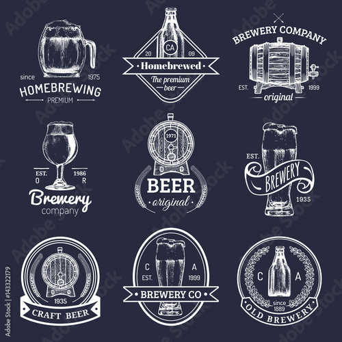 Old brewery logos set. Kraft beer retro signs or icons with hand sketched glass,barrel etc.Vector vintage labels,badges.