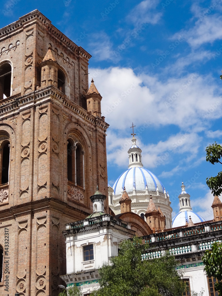 The domes of the New Cathedral in Cuenca, Ecuador. These are the famous view that are usually found on all travel brochures for the city.