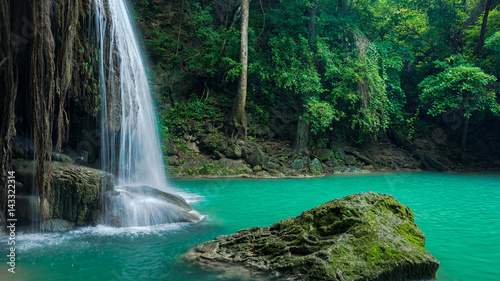 Fototapeta Naklejka Na Ścianę i Meble -  Green nature with green waterfall landscape, Erawan waterfall located Khanchanaburi Province, Thailand