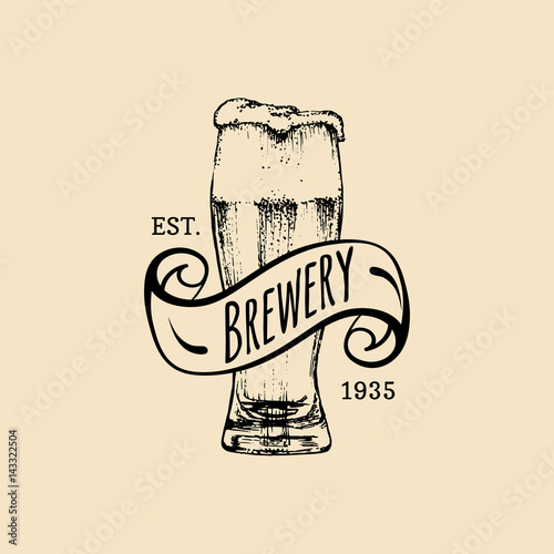 Kraft beer glass logo. Old brewery icon. Lager cup retro sign. Hand sketched ale illustration. Vector vintage label etc.