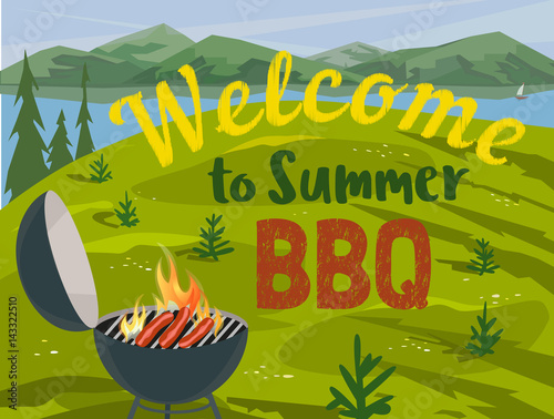 Summer outdoors concept. Cartoon retro style poster. Welcome invitation to barbecue picnic. Season holiday leisure banner background. Mountain valley, lake, green hills. Vector flaming BBQ grill
