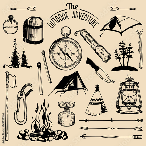 Camping sketched elements. Vector set of vintage hand drawn outdoor adventures illustrations for emblems, badges etc.