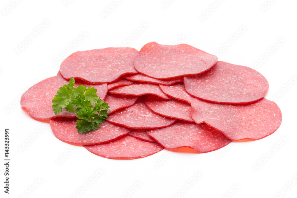 Salami smoked sausage one slice isolated on white background cutout. Salami smoked sausage one slice isolated on white background cutout.