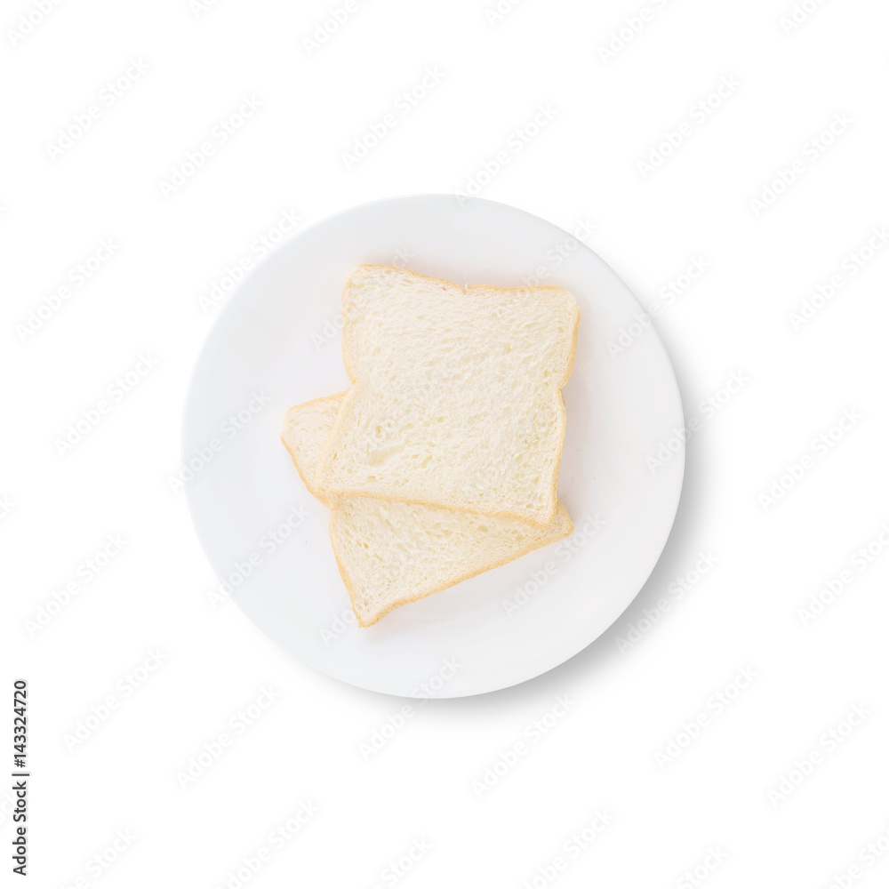 Closeup two slice bread on white dish for breakfast with shadow isolated on white background