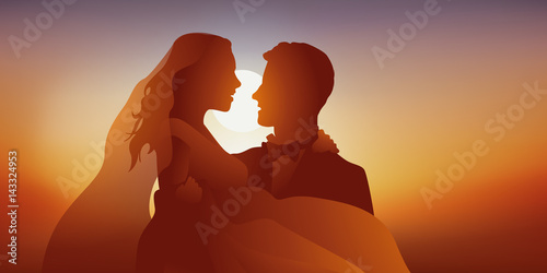 mariés - mariage - faire-part - couple - amoureux - Coucher de soleil