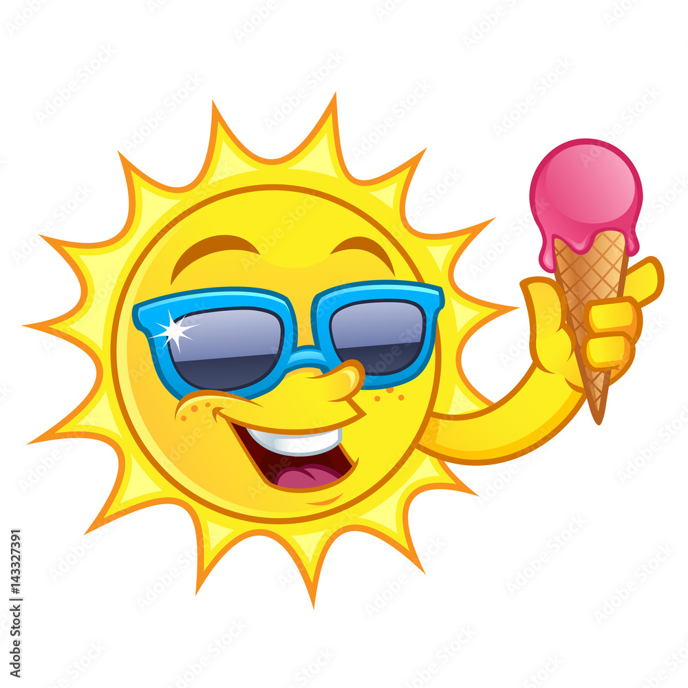 Naklejka premium Funny drawing of a sun, he has a ice cream cone