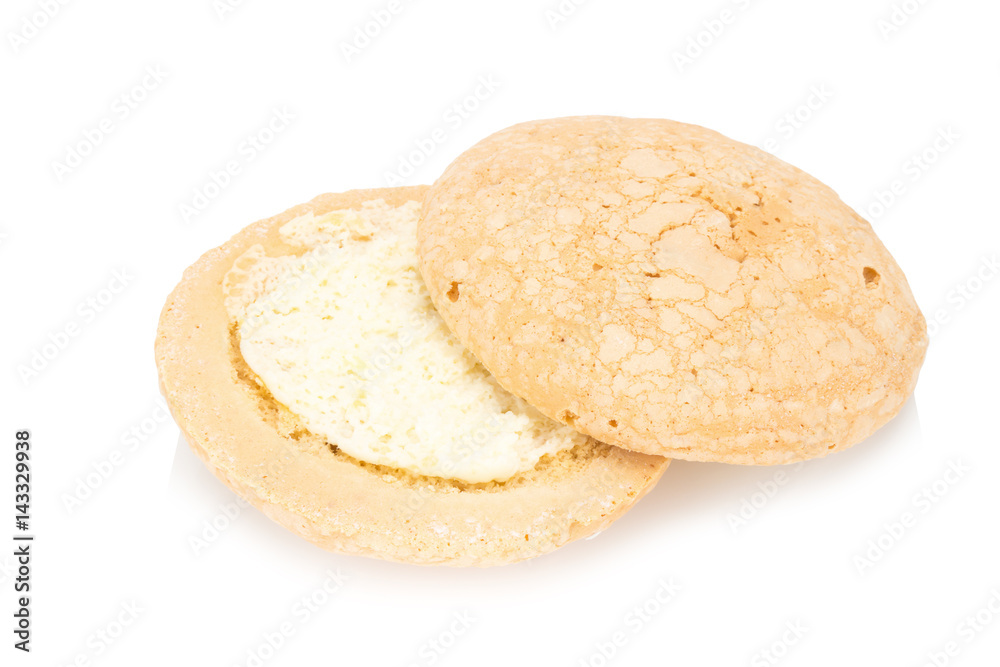 coconut flavor cookie cake with cream filling isolated on white background coconut flavor cookie cake with cream filling isolated on white background